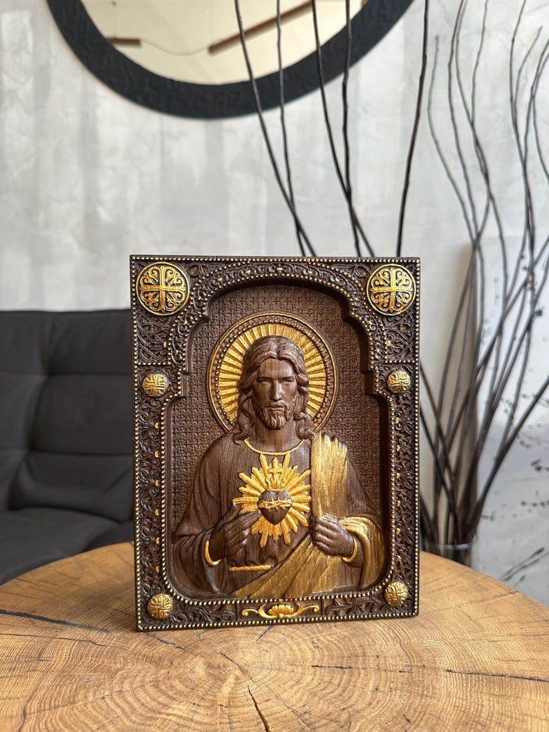 Sacred Heart of Jesus Wooden Carved Christian Decor Wall Hanging