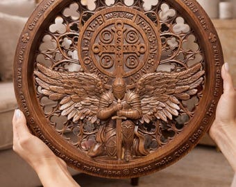 Hand Carved St Benedict Wooden Icon – Oak Protection Christian Symbol Wall Art