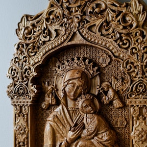Virgin Mary wooden icon Any size Wood carvings religious wall art orthodox Icon Gift for mom image 2