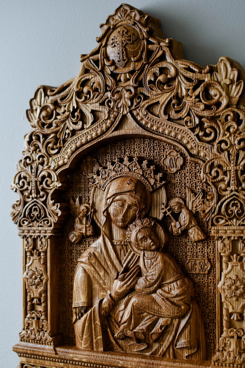 Virgin Mary wooden icon Any size Wood carvings religious wall art orthodox Icon Gift for mom image 2