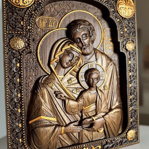 Holy family Wooden Carved Wall Plaque - Byzantine icon Wall Hanging Art Work  gift ideas Christmas Gift  Nativity