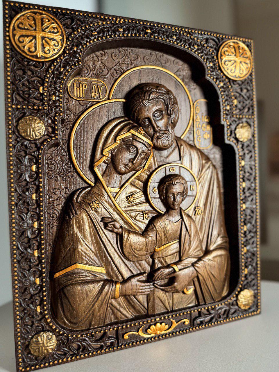 Hand Carved Wooden Holy Family Plaque: Byzantine Icon Wall Art
