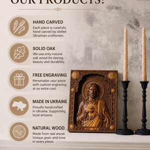 May include: A rectangular wooden wall plaque featuring a relief carving of the Sacred Heart of Jesus, displayed next to two tall, thin, twisted beige candles in black metal candle holders. The image includes text detailing product features.