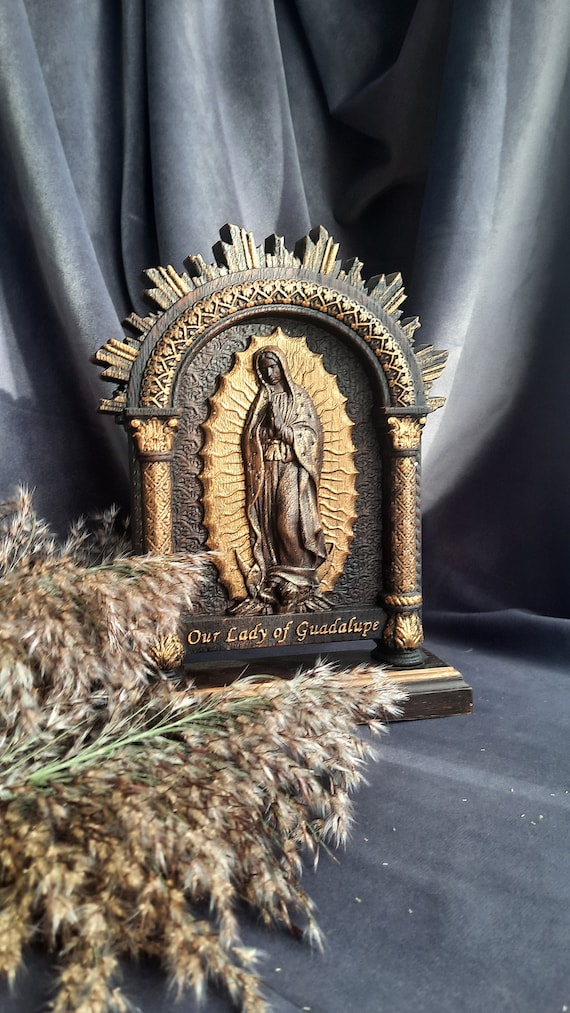 Our Lady of Guadalupe Carved Wooden Statue: Catholic Home Decor