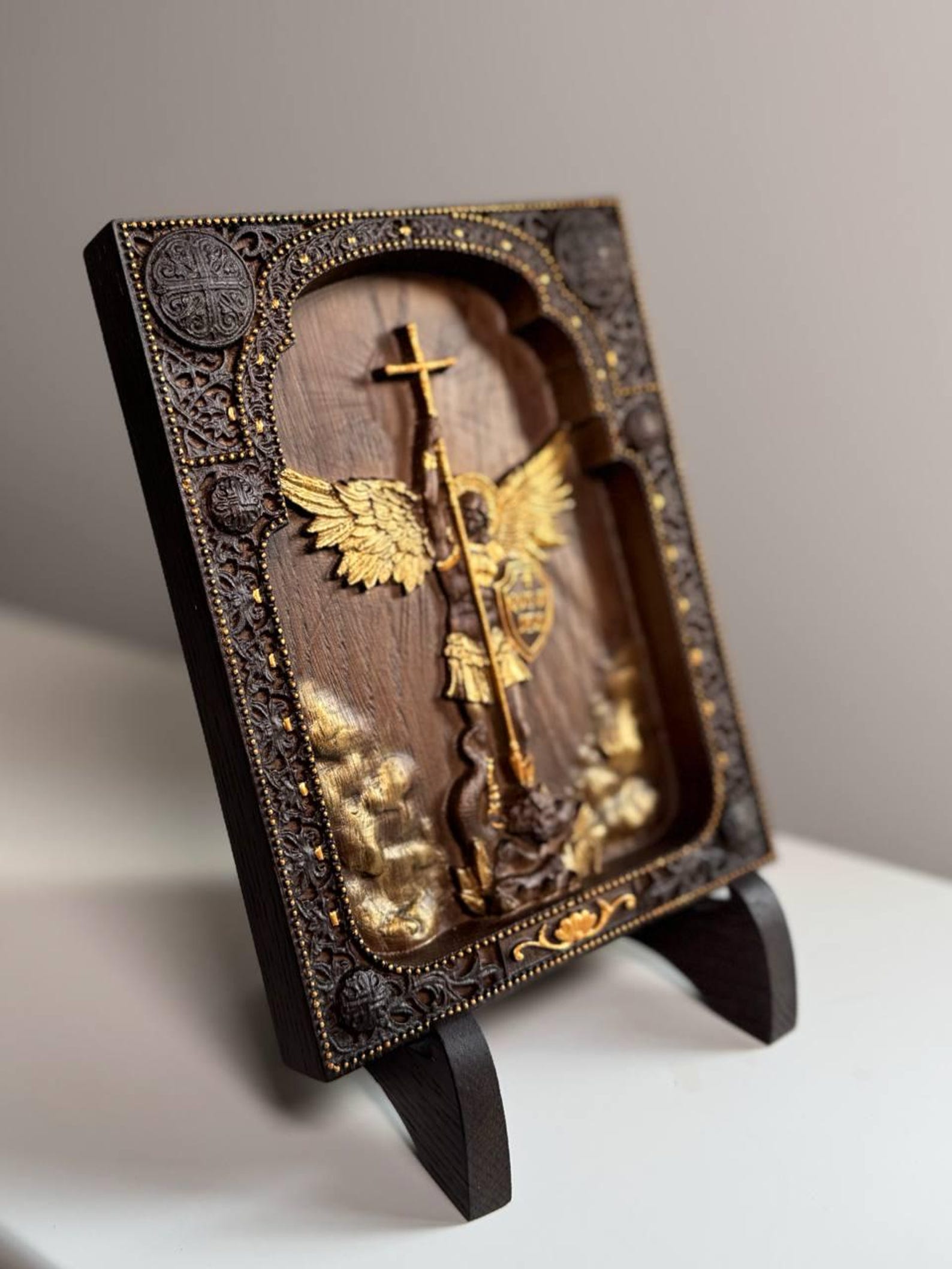 Handmade Archangel Michael with a Stand: Christian Home Decor, Catholic gift, 6"x7"