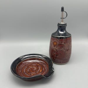 Handmade Pottery Oil Dispenser Bottle & Spoon Rest in Speckled Plum and Black | Oil Cruet