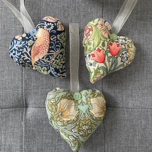3 hearts with hanging loop with button detail in 3 William Morris fabrics Strawberry Thief, Golden Lily and Pimpernel image 2