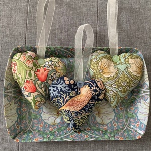 Three hearts  with hanging loop, button detail in three William Morris fabrics Strawberry Thief, Golden Lily and Pimpernel