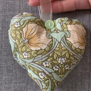 3 hearts with hanging loop with button detail in 3 William Morris fabrics Strawberry Thief, Golden Lily and Pimpernel image 3