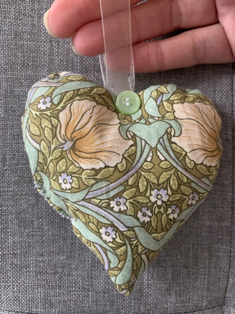 3 hearts with hanging loop with button detail in 3 William Morris fabrics Strawberry Thief, Golden Lily and Pimpernel image 3