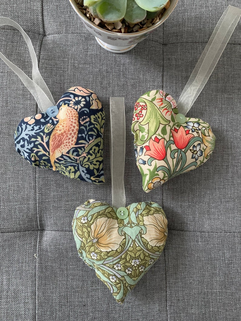 3 hearts with hanging loop with button detail in 3 William Morris fabrics Strawberry Thief, Golden Lily and Pimpernel image 2