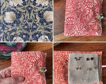 Earring Storage Book In William Morris Fabrics Larkspur and Pimpernel. Stud Earring Holder With Linen Pages.