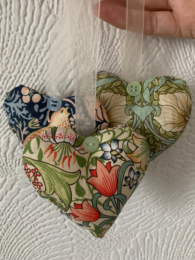 3 hearts with hanging loop with button detail in 3 William Morris fabrics Strawberry Thief, Golden Lily and Pimpernel image 6