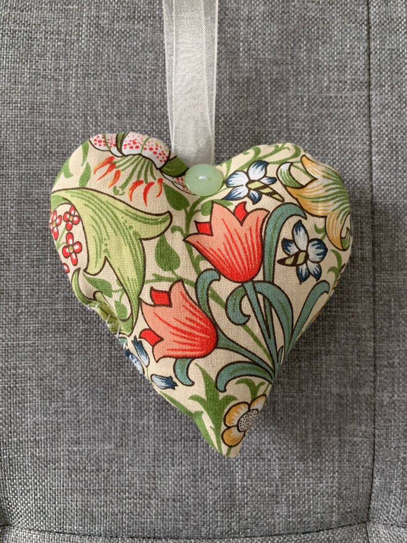 3 hearts with hanging loop with button detail in 3 William Morris fabrics Strawberry Thief, Golden Lily and Pimpernel image 4
