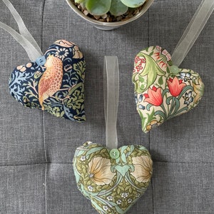 3 hearts with hanging loop with button detail in 3 William Morris fabrics Strawberry Thief, Golden Lily and Pimpernel image 7