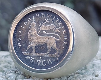 León de Judá de 100 años. Diseño etíope de 1903. Anillo clásico estilo sello con moneda en plata maciza. Rasta Etiopía reggae