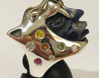 Jaguar Knight Silberring mit Diamanten, Lapislazuli und Saphiren. Surrealer mexikanischer Indianerschmuck.