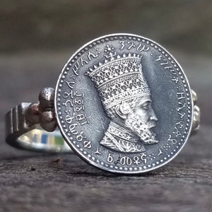 HAILE SELASSIE I Jah Rastafari coronation celebration coin from 1931 Ethiopia with Lion of Judah & crowned emperor historical coin ring