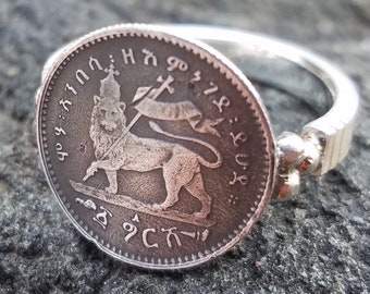 100 years old Ethiopian coin from 1903 with Lion of Judah and king Menelik II. Antique style silver coin ring African Rasta faith historical