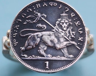 Lion of Judah 1931 Ethiopia Historic Selassie I coronation coin with Crowned Rastafari. Historically significant coin ring. African jewelry