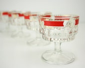 vintage liqueur glasses with red and golden decor, Set of 4 little, glasses, wine glasses, drinking glasses, shot glasses, snaps, cherry