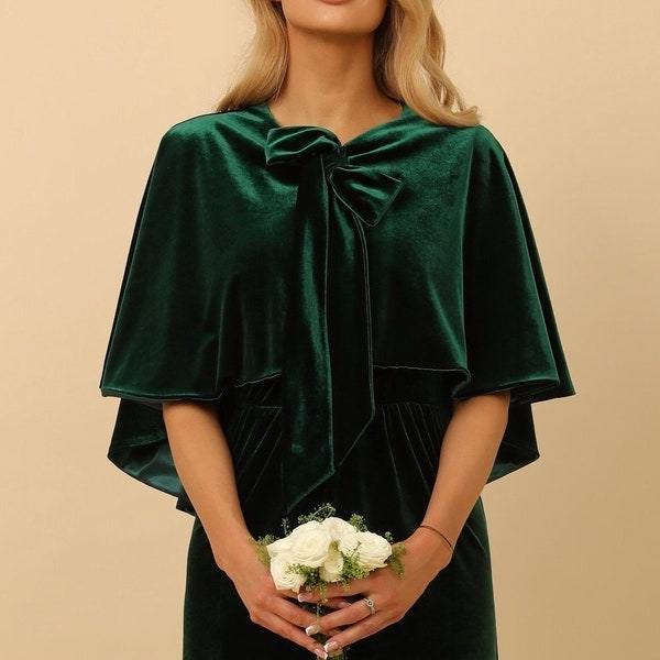 Vert foncé Velours Capelet Mariage Haussement d’épaules Demoiselle d’honneur Hausse d’épaules avec Ruban de cravate doublé de manteau de velours de velours Satin Velvet Bolero Velvet Cape