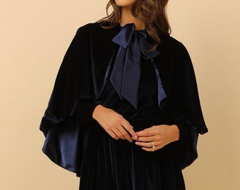 Navy Velvet Capelet Wedding Shrug Bridesmaid Shrug With Tie Ribbon Lined in Satin Velvet Cloak Velvet Bolero Velvet Cape