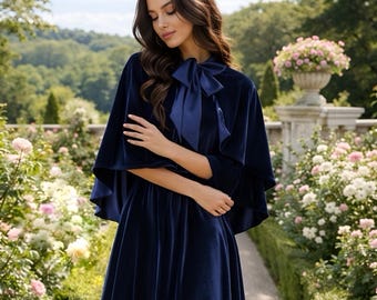 Navy Velvet Capelet, Wedding Bridesmaid Shrug With Tie