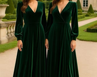 Emerald Green Velvet Long Bridesmaid Dress, V Neck Dress, Long Sleeve Velvet Maxi Dress, Velvet Wedding Guest Dress