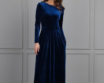 Bridesmaid Velvet Dress High Quality Fabric Dress Gown Maxi Elegant Long Sleeves Dress Pockets