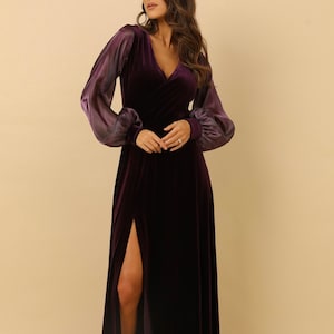 Plum Bridesmaid Velvet Dress High Quality Fabric Dress Luxury Gown Wrap V Neckline Dress Organza Bishop Sleeves