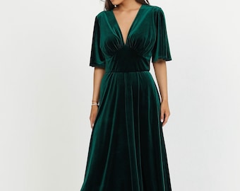 Dark Green Bridesmaid Velvet Dress, Evening Dress, Backless Dress, Wedding Guest Dress, Velvet Long Dress, Reception Dress