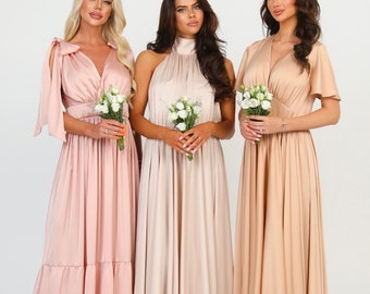 Sand Silk Satin Maxi Dress, Flutter Sleeve Bridesmaid Dress, V neck Gown