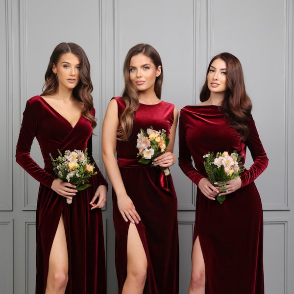 Dark Burgundy Bridesmaid Velvet Dress High Quality Fabric Dress Maxi Gown Dress Wrap V Neck Deep V Open  Back Long Sleeves High Slit