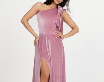 Pink Velvet Long Dress, Bridesmaid Dress, Evening Dress, Wedding Guest Dress, Slit Dress, One Shoulder Dress, Formal Dress