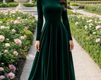 Semi Formal Velvet Midi Dress, Elegant Long Sleeve Mock Neck Evening Dress, Wedding Guest Dress