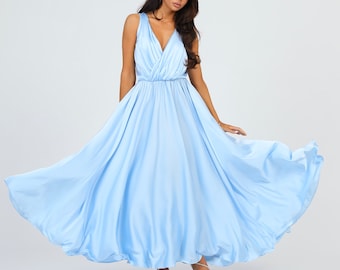 Silk Satin Maxi Dress Open Back Full Circle Skirt Elegant