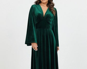 Dark Emerald Green Velvet Dress, Bridesmaid Dress, Evening Dress, Flare Sleeve Dress, Wedding Guest Dress, Velvet Long Dress