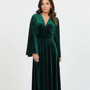 Dark Emerald Green Velvet Dress, Bridesmaid Dress, Evening Dress, Flare Sleeve Dress, Wedding Guest Dress, Velvet Long Dress