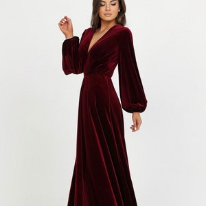Burgundy Velvet Dress, Bridesmaid Dress, Evening Dress, Wedding Guest Dress, Velvet Long Dress, Reception Dress