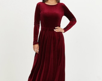 Burgundy Velvet Dress, Bridesmaid Dress, Velvet Long Dress, Long sleeve Dress, Evening Gown, Gown Dress, Modest Dress