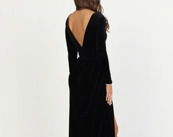 Black Velvet Dress, Bridesmaid Dress, Wedding Guest Dress, Low Back Dress, Evening Dress, Velvet Long Dress, Formal Dress, Slit Dress,