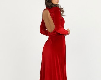 Red Dress, Bridesmaid Dress, Velvet Long Dress, Backless Dress, Wedding Guest Dress, Elegant Dress, Formal Dress