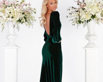 Dark Green Bridesmaid Velvet Dress High Quality Fabric Dress Mermaid Gown Dress Maxi Open Back Train Dress