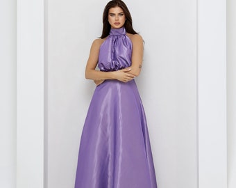 Lavender Taffeta Dress, Evening Gown, Halter Dress, Wedding Guest Dress, Evening Dress, Maxi Dress, Formal Dress, Elegant Dress