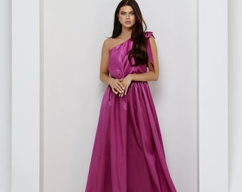 Fuchsia Taffeta Dress, Evening Gown, One Shoulder Dress, Wedding Guest Dress, Evening Dress, Maxi Dress, Formal Dress, Elegant Dress