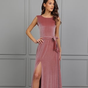 Bridesmaid Dress, Dusty Rose Velvet Dress, Low Back Dress, Sleeveless Dress, Wedding Guest Dress, Evening Dress, Velvet Long Dress