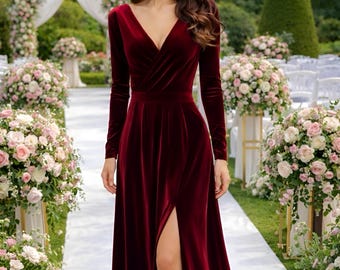 Burgundy Velvet Maxi Dress with Slit Long Sleeve Formal Wedding Guest Gown