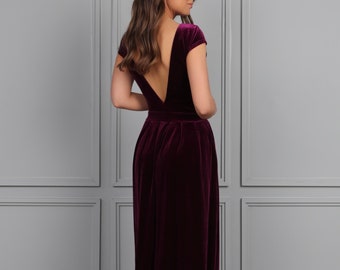 Bridesmaid Dress, Velvet Dress Dark Purple, Low Back Dress, Wedding Guest Dress, Velvet Long Dress, Formal Dress, Evening Dress