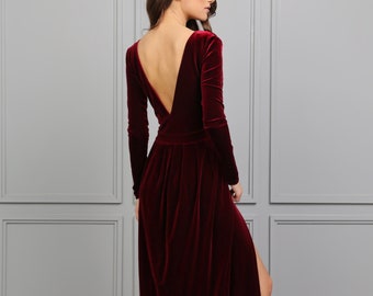 Dark Burgundy Bridesmaid Velvet Dress High Quality Fabric Dress Maxi Gown Dress Wrap V Neck Deep V Open  Back Long Sleeves High Slit